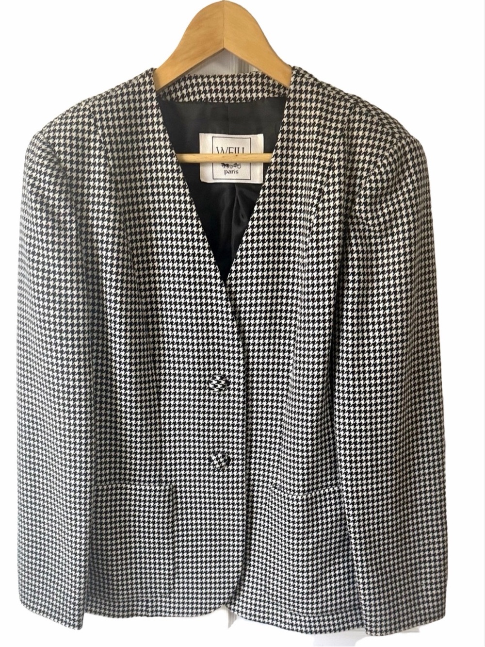 Vintage Weill Paris Black White Houndstooth Blazer Collarless Tweed Jacket